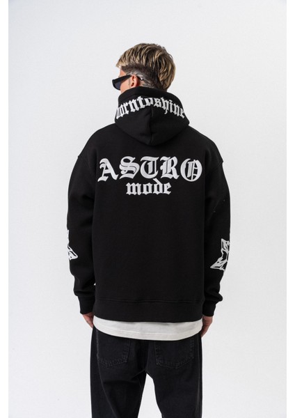 Erkek Astro Mode Baskılı Kapüşonlu Oversize Hoodie Siyah