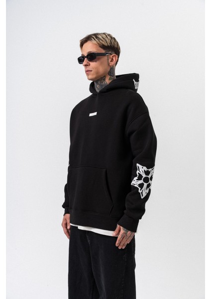 Erkek Astro Mode Baskılı Kapüşonlu Oversize Hoodie Siyah modelleri