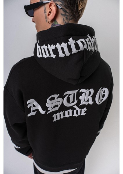 Erkek Astro Mode Baskılı Kapüşonlu Oversize Hoodie Siyah indirimleri