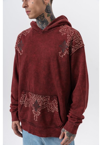 Erkek 10 Baskılı Yıkamalı Kapüşonlu Oversize Hoodie Bordo indirimleri