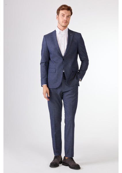 Lacivert Örgü Armürlü Slim Fit Casual Takım Elbise