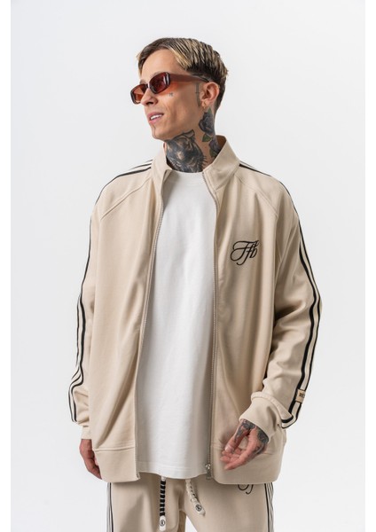 Erkek 3'lü Şerit Detaylı Dik Yaka Doubleface Zip Oversize Sweatshirt Bej