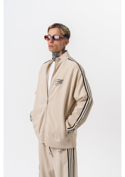 Erkek 3'lü Şerit Detaylı Dik Yaka Doubleface Zip Oversize Sweatshirt Bej fiyatları