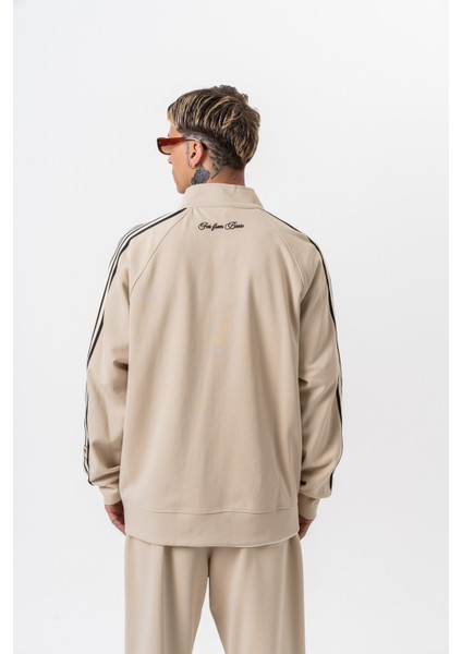 Erkek 3'lü Şerit Detaylı Dik Yaka Doubleface Zip Oversize Sweatshirt Bej modelleri