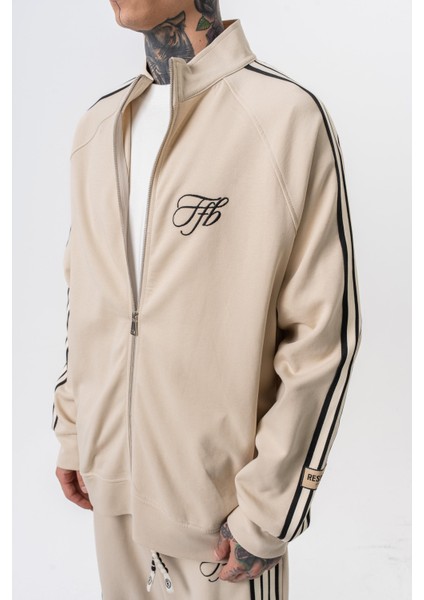 Erkek 3'lü Şerit Detaylı Dik Yaka Doubleface Zip Oversize Sweatshirt Bej fırsatları