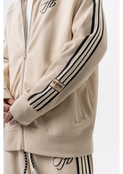 Erkek 3'lü Şerit Detaylı Dik Yaka Doubleface Zip Oversize Sweatshirt Bej indirimleri