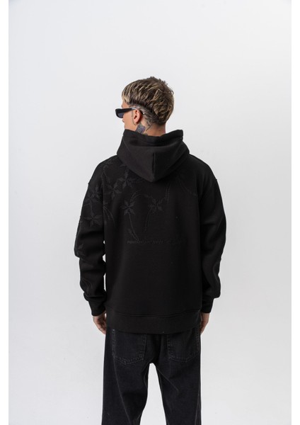 Erkek Minimalism Series Nakışlı Kapüşonlu Oversize Hoodie Siyah