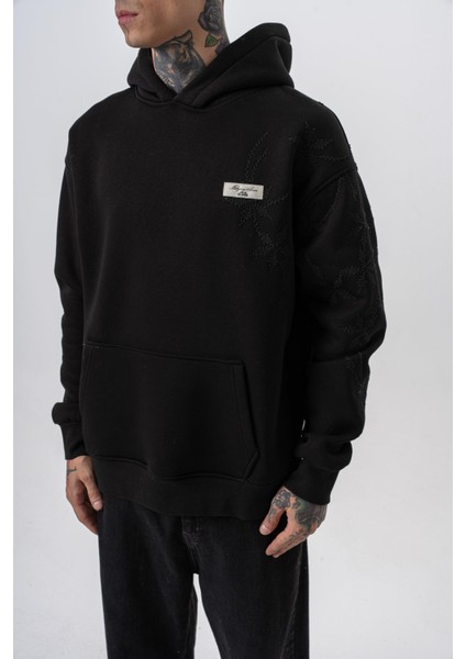 Erkek Minimalism Series Nakışlı Kapüşonlu Oversize Hoodie Siyah fırsatları