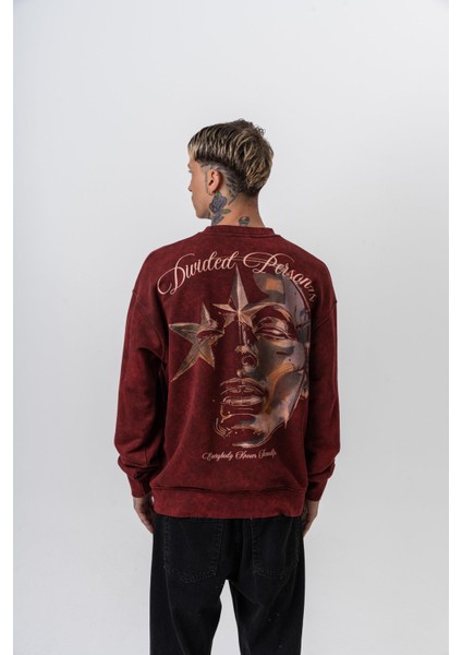 Erkek Divided Baskılı Yıkamalı Bisiklet Yaka Oversize Sweatshirt Bordo