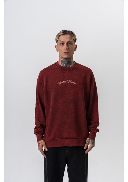 Erkek Divided Baskılı Yıkamalı Bisiklet Yaka Oversize Sweatshirt Bordo fiyatları