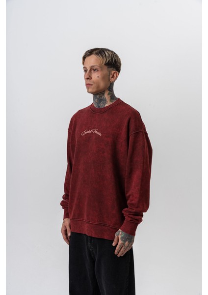 Erkek Divided Baskılı Yıkamalı Bisiklet Yaka Oversize Sweatshirt Bordo modelleri