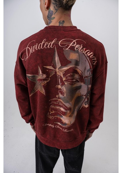 Erkek Divided Baskılı Yıkamalı Bisiklet Yaka Oversize Sweatshirt Bordo fırsatları