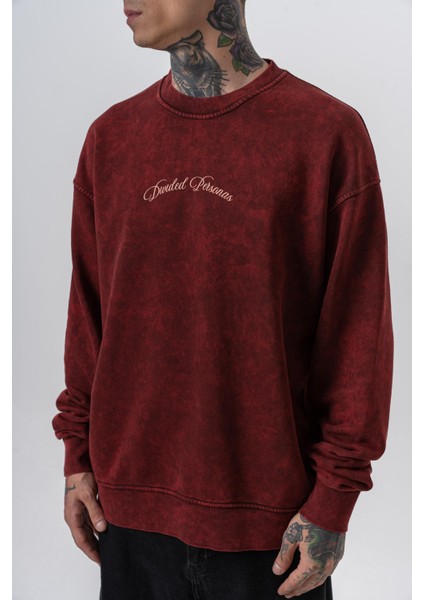 Erkek Divided Baskılı Yıkamalı Bisiklet Yaka Oversize Sweatshirt Bordo indirimleri