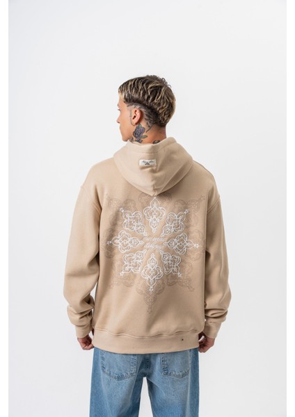 Erkek Itsbyzey Nakışlı Kapüşonlu Oversize Hoodie Bej