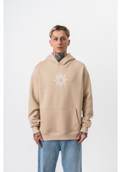 Erkek Itsbyzey Nakışlı Kapüşonlu Oversize Hoodie Bej fiyatları