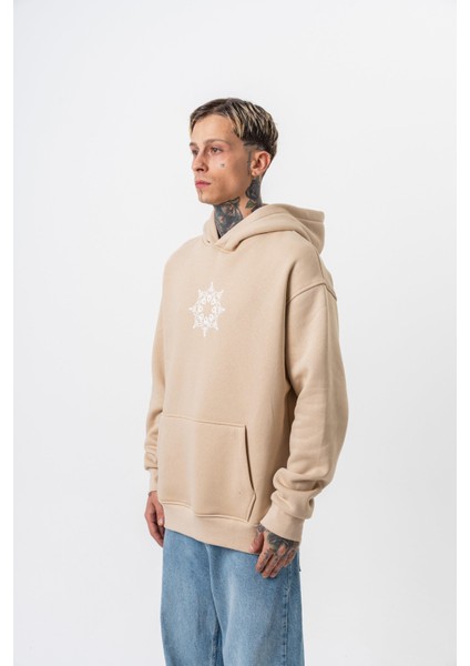 Erkek Itsbyzey Nakışlı Kapüşonlu Oversize Hoodie Bej modelleri