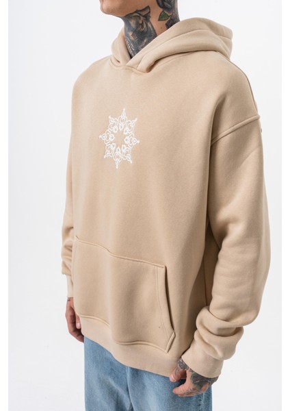 Erkek Itsbyzey Nakışlı Kapüşonlu Oversize Hoodie Bej fırsatları