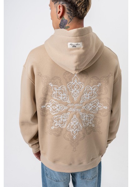 Erkek Itsbyzey Nakışlı Kapüşonlu Oversize Hoodie Bej indirimleri