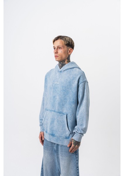 Erkek Snake Baskılı Yıkamalı Kapüşonlu Oversize Hoodie Mavi modelleri