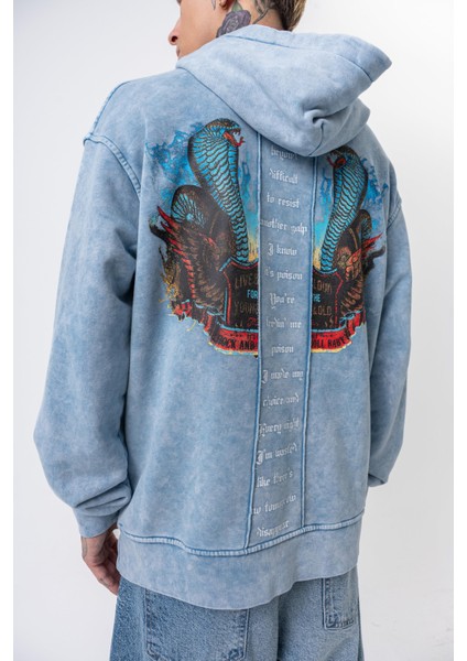 Erkek Snake Baskılı Yıkamalı Kapüşonlu Oversize Hoodie Mavi fırsatları
