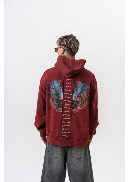 Erkek Snake Baskılı Yıkamalı Kapüşonlu Oversize Hoodie Bordo