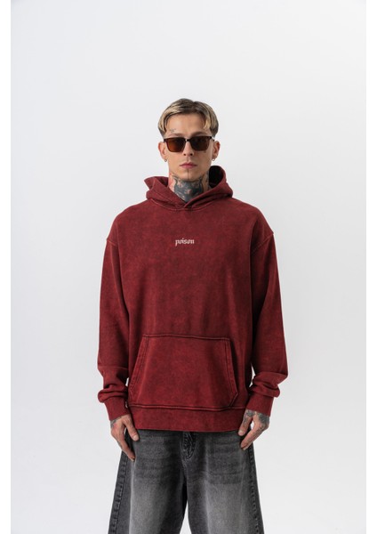 Erkek Snake Baskılı Yıkamalı Kapüşonlu Oversize Hoodie Bordo fiyatları