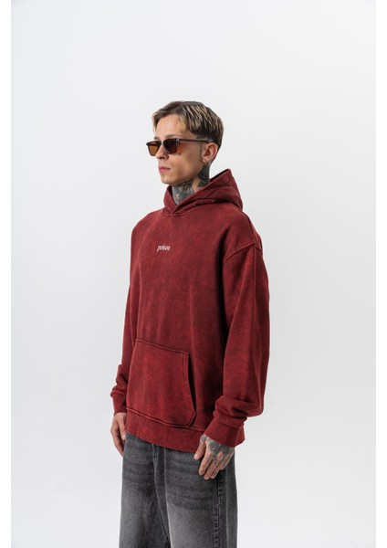 Erkek Snake Baskılı Yıkamalı Kapüşonlu Oversize Hoodie Bordo modelleri