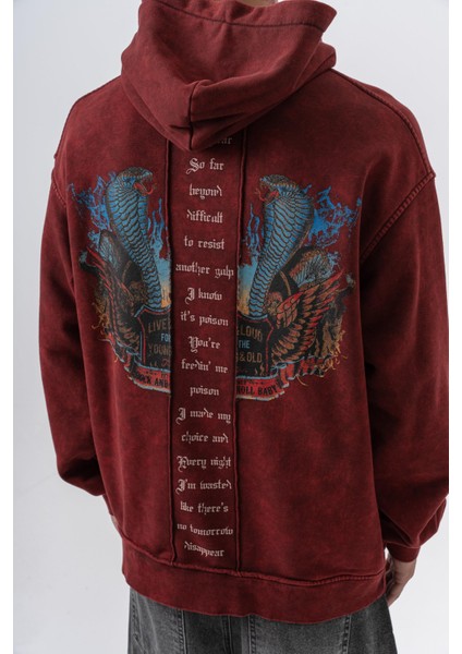 Erkek Snake Baskılı Yıkamalı Kapüşonlu Oversize Hoodie Bordo fırsatları