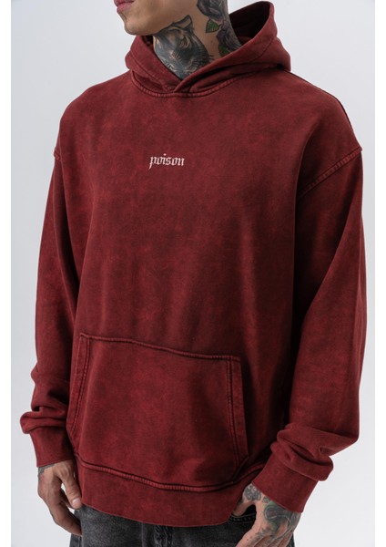 Erkek Snake Baskılı Yıkamalı Kapüşonlu Oversize Hoodie Bordo indirimleri