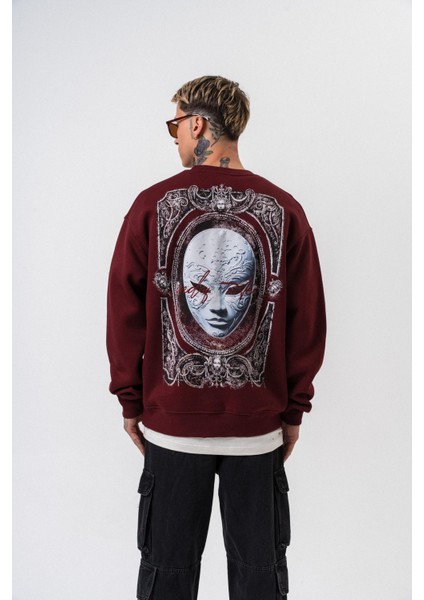 Erkek Indefinite Baskılı Bisiklet Yaka Oversize Sweatshirt Bordo