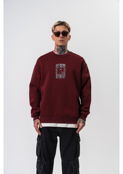 Erkek Indefinite Baskılı Bisiklet Yaka Oversize Sweatshirt Bordo fiyatları