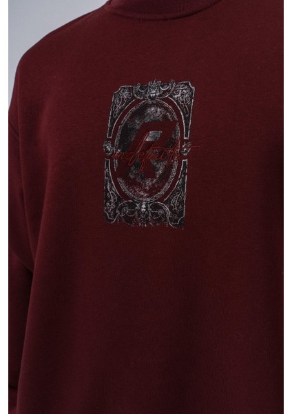 Erkek Indefinite Baskılı Bisiklet Yaka Oversize Sweatshirt Bordo fırsatları