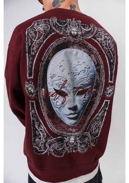 Erkek Indefinite Baskılı Bisiklet Yaka Oversize Sweatshirt Bordo indirimleri