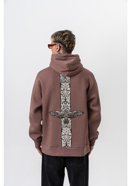 Erkek Feel Baskılı Kapüşonlu Oversize Hoodie Kakao