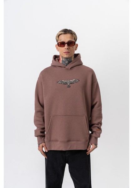 Erkek Feel Baskılı Kapüşonlu Oversize Hoodie Kakao fiyatları