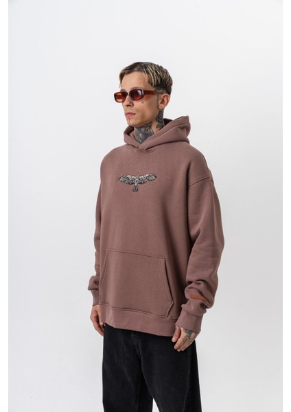 Erkek Feel Baskılı Kapüşonlu Oversize Hoodie Kakao modelleri