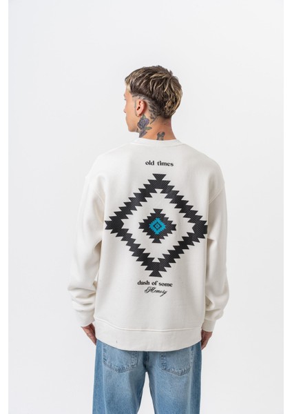 Erkek Memory Baskılı Bisiklet Yaka Oversize Sweatshirt Ekru