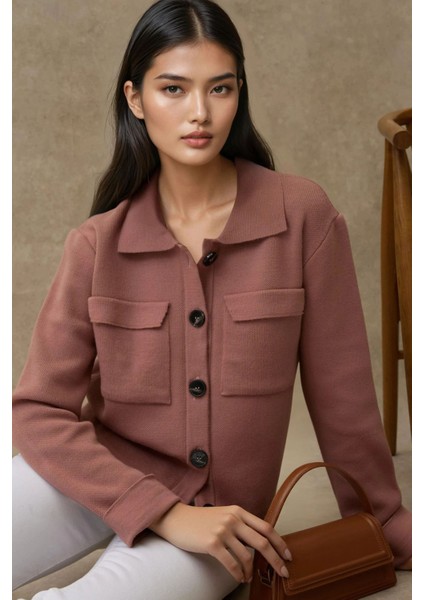 Kadın Düğmeli Cep Detaylı Triko Hırka Tozlu Gül Pembesi