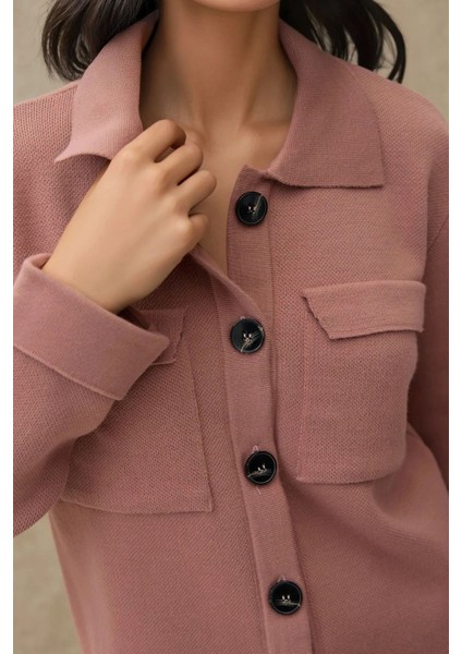 Kadın Düğmeli Cep Detaylı Triko Hırka Tozlu Gül Pembesi fiyatları