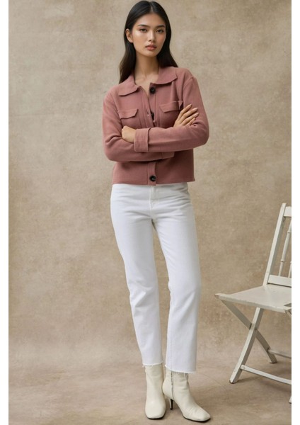 Kadın Düğmeli Cep Detaylı Triko Hırka Tozlu Gül Pembesi modelleri