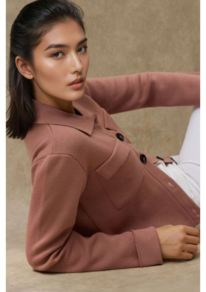 Kadın Düğmeli Cep Detaylı Triko Hırka Tozlu Gül Pembesi indirimleri