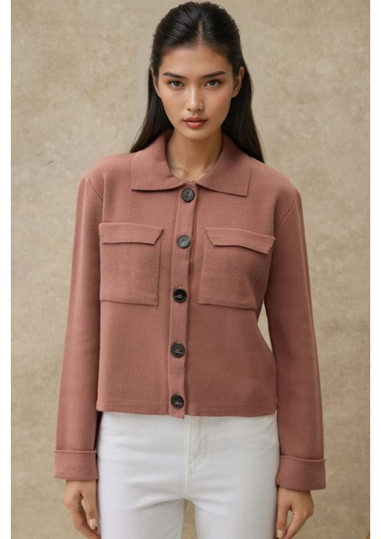 Kadın Düğmeli Cep Detaylı Triko Hırka Tozlu Gül Pembesi