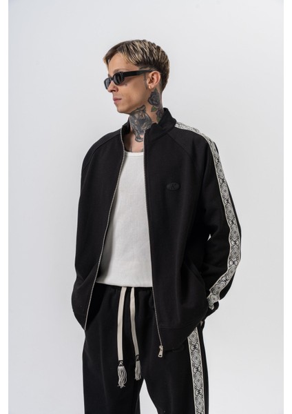 Erkek Damask Şerit Detaylı Dik Yaka Doubleface Zip Oversize Sweatshirt Siyah