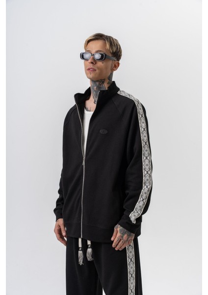 Erkek Damask Şerit Detaylı Dik Yaka Doubleface Zip Oversize Sweatshirt Siyah fiyatları