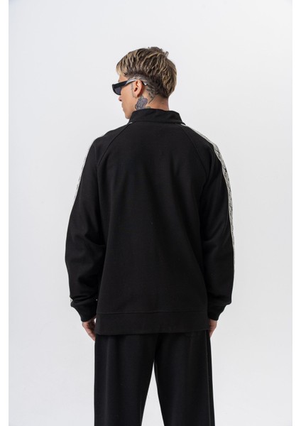 Erkek Damask Şerit Detaylı Dik Yaka Doubleface Zip Oversize Sweatshirt Siyah modelleri
