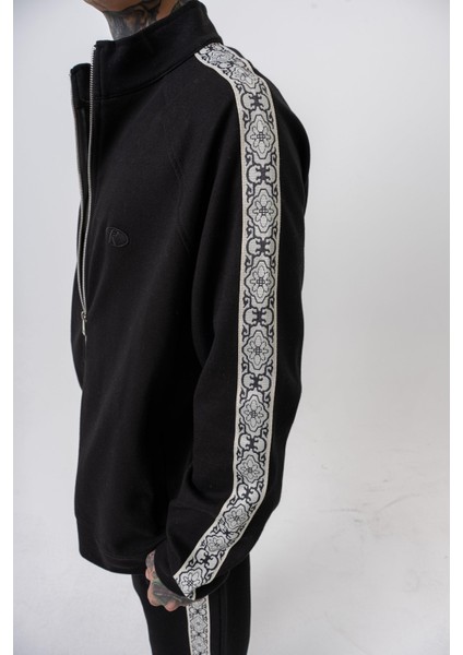 Erkek Damask Şerit Detaylı Dik Yaka Doubleface Zip Oversize Sweatshirt Siyah fırsatları