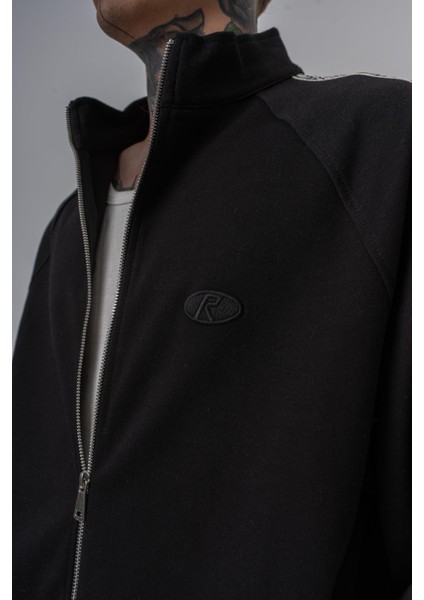 Erkek Damask Şerit Detaylı Dik Yaka Doubleface Zip Oversize Sweatshirt Siyah indirimleri