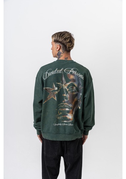 Erkek Divided Baskılı Yıkamalı Bisiklet Yaka Oversize Sweatshirt Yeşil