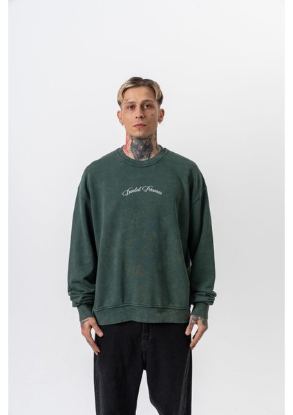 Erkek Divided Baskılı Yıkamalı Bisiklet Yaka Oversize Sweatshirt Yeşil fiyatları