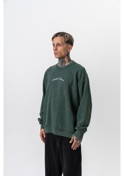 Erkek Divided Baskılı Yıkamalı Bisiklet Yaka Oversize Sweatshirt Yeşil modelleri